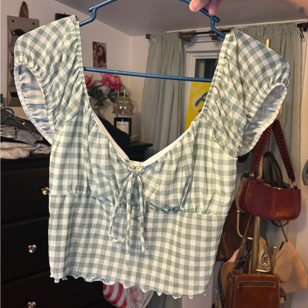 Caution To The Wind Light Green Gingham Blouse